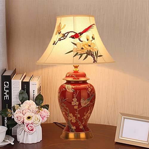 Chao Zan Klassische Keramik-Tischlampe Stoff Porzellan-Tischleuchte Vintage E27 Wohnzimmer Schlafzimmer Nachttischlampe Lampenschirm Eisenfuß Studie Hotel Nachttisch Lichtdekoration Leselampe rot