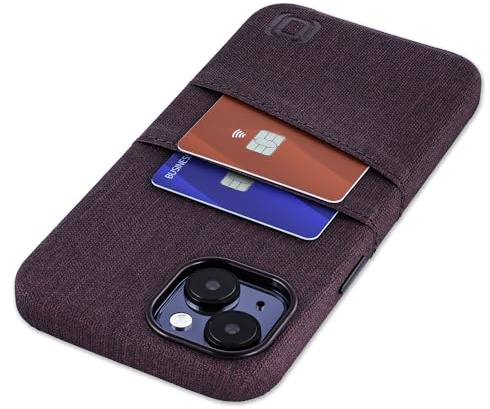 Dockem Card Case for iPhone 15 Plus with Built-in Metal Plate for Magnetic Mounting & 2 Card Holder Pockets: Luxe M2 Wallet Case, Canvas Style Synthetic Leather (Burgundy)