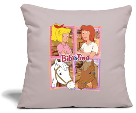 Spreadshirt Bibi Und Tina Mit Amadeus Und Sabrina Kachelmotiv Kissenbezug 45 x 45 cm, One Size, helles Taupe