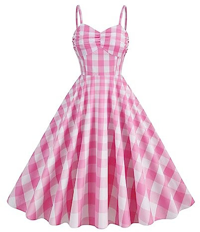 wdehow Abito a quadretti rosa vintage spalline sottili senza maniche A-Line Midi abito a scacchi anni '50 Halloween Cosplay Outfit, rosa, L
