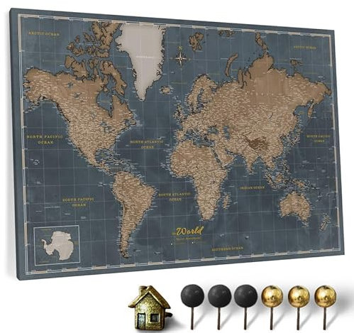 Canvas World Map with Cork Pin Board - English Lettering - Decorative Wall Decoration for All Rooms - Canvas Pictures with World Map Motif (70x50 cm, Pattern 5)