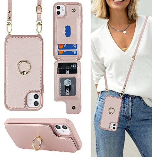 Cavor Phone Case compatible with iPhone 11 With Card Holder With Lanyard Strap,Flip Leather Wallet Case,Ring Kickstand Shockproof Cover Case compatible with iPhone 11 - Rose gold