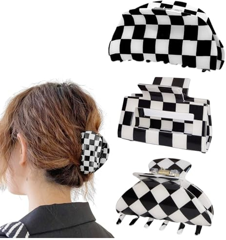 Pinza de pelo a cuadros mediana para mujer, pinzas de mandíbula en blanco y negro, paquete de 3