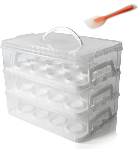 Sherfire 3-tier Cupcake Carrier with Lid and Handle - Clear Plastic, Holds Up to 36 Cupcakes/Muffins or 3 Cakes - Complete with Food Spatula