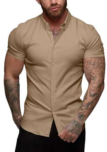 URRU Men's Muscle Dress Shirts Slim Fit Stretch Short Sleeve Casual Button Down Shirts for Men Coffee L