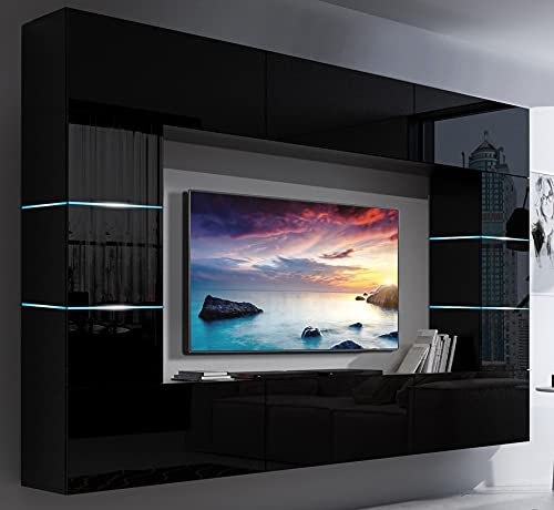 Com4t-Style C61 Black Gloss Living Room Furniture Set LED Lighting - TV Unit - Push to Open TV Cabinets for Living Room - 249 x 184 x 35 cm