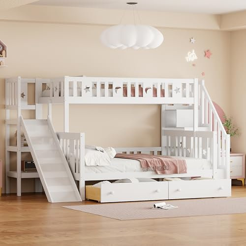 YESGIGA Lit pour enfant 90 x 200/140 x 200 cm, en bois massif, superposé, avec toboggan et étagère avec niveaux de sécurité, deux grands tiroirs et sommier à lattes, blanc (deux grands tiroirs)