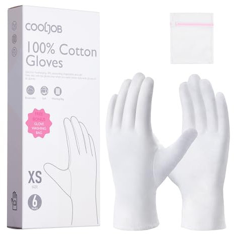 COOLJOB Baumwollhandschuhe, Weiße Stoff Handschuhe aus 100% Baumwolle für trockene Hände & Neurodermitis, Feuchtigkeitsspendende Handschuhe, waschbar - Gratis Waschbeutel (6 Paar, Größe XS)