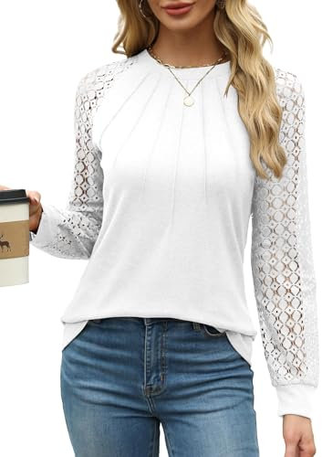 Aokosor Long Sleeve Tops Women Tops Plain Crew Neck Pleated Shirt Loose Casual Blouse for Women Tunic Shirt Ladies Jumpers Size 10-12 White