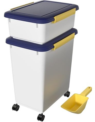 Cetomo Dog Food Storage Container, Airtight Food Containers with Wheels, Silicone Seal, Snap Locks, Plastic Pet Food Bin with Lid for Dog, Cat, Pet, White & Blue & Yellow, 10L/3.5kg+32L/12kg(1 Scoops)