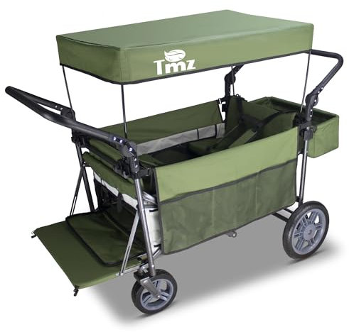TMZ Bollerwagen faltbar mit Dach Handwagen Transportkarre Gerätewagen | klappbar | PU Reifen mit hoher Elastizität | bis 120 kg (Weiß/Grün)