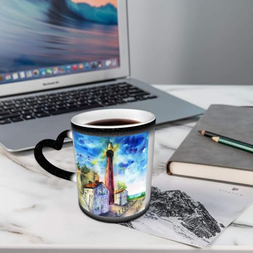 AELKSP Kaffeetassen – Farbwechseltasse, Magic Mug,Thermobeschichtung, 335ml, Keramik - Geschenkidee Männer, Frauen,Landschaft mit einem Leuchtturm Häuser und ein Leuchtturm der Himmel und das Meer am
