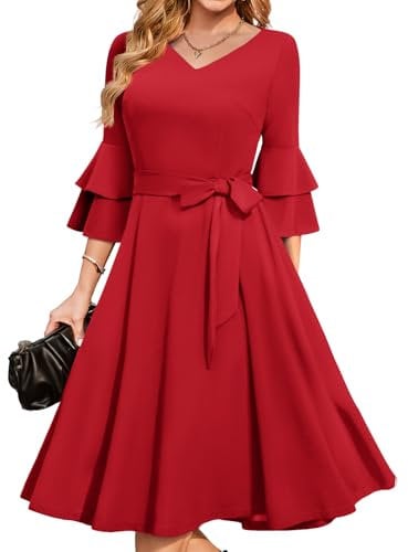 DRESSTELLS Christmas Red Dresses for Women UK, Long Sleeve Vintage Cocktail Party Evening Dresses, Modest Wedding Guest Bridesmaid Aline Winter Ladies Dress Red M