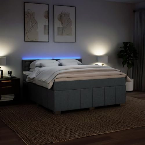 IKAYAA Boxspringbett 180 x 200 cm - Bett mit LED Beleuchtung, Federkern Matratze,Topper & Kopfteil - Polsterbett 180 x 200 cm mit Matratze - Bett mit Matratze und Lattenrost Dunkelgrau