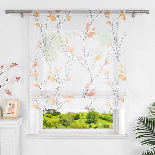 Heichkell Raffrollos ohne Bohren Transparente Raffgardine Gardine mit Blätter Druck Elegant Vorhang Raffrollo mit Tunnelzug Orange BxH 100x140 cm