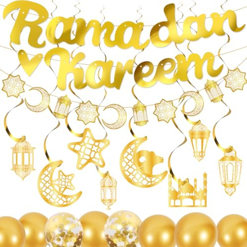 iZoeL Ramadan Kareem Deko, Ramadan Kareem Girlande Mond Sterne Banner Spiral Folienballon Ballons Ramadan Dekoration Partydeko Gold