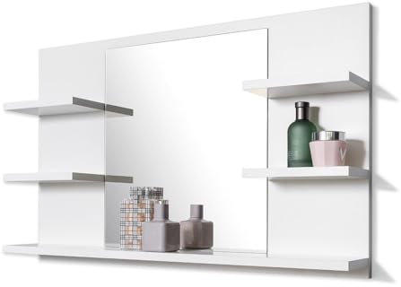 FreshYou Badspiegel mit 5 Ablagen Badezimmerspiegel Spiegel Regal Wandspiegel Hängespiegel Badmöbel Spiegel Flurspiegel für Schlafzimmer für Badezimmer Weiß 80X50