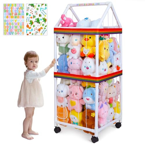 MHJY Stuffed Animals Zoo Storage with Wheels, Soft Toy Storage Cage PVC Cuddly Toy Holder Large Plushies Organiser Shelf with Elastic Band for Kids Room Furniture Bedroom Nursery Decor