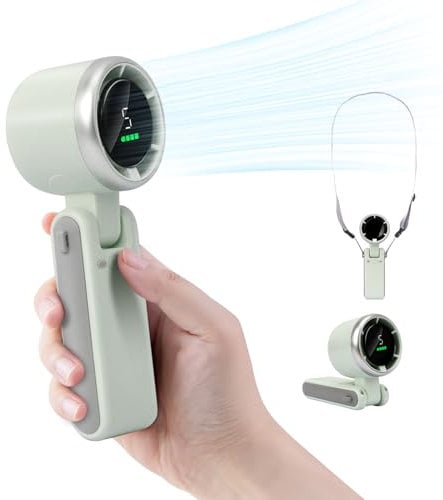 HONEYYEAR Portable Handheld Turbo Fan, 3600mAh Battery Operated with LED Display, Mini Portable, 180°Adjustable, 5 Speeds, Handheld/Neck/Desk 3 in 1 Personal Hand Fan for Indoor Outdoor green.