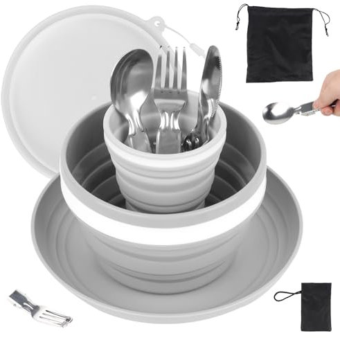 Ensemble de couverts de camping pour 1 personne, assiettes et bols de camping pliants, kit de 7 pièces comprenant couteau, cuillère, fourchette, tasse, bol et assiette, ustensiles de camping, ensemble
