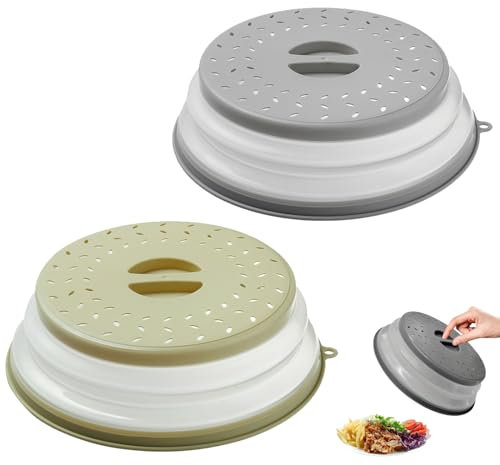 2 Pcs Collapsible Microwave Plate Cover, Silicone Foldable Microwave Splatter Guard with Grip Handle & Steam Vents, Microwave Cover for Food, Multi-Functional Fruit Basket Strainer, Gray&Green