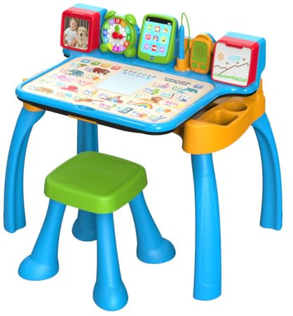 VTech - Escritorio Multiactividades 6 en 1 ¡CREA y Aprende! Centro Educativo Interactivo, Juguete Niños +3 Años, Pizarra, Música, Bloc de Notas, Tablet y Taburete, Letras, Números, Versión ESP
