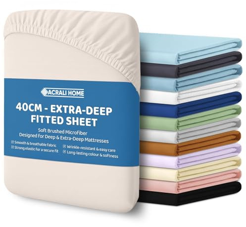 ACRALI HOME Microfiber Super King Fitted Sheet 40cm Extra Deep Fit Pocket - Breathable, Soft & Easy Care Natural Bed Sheet - Wrinkle Free & Fade Resistant (200x180cm)