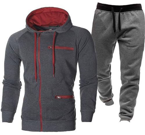 Maskjuwio Activewear - Tuta sportiva da uomo, a maniche lunghe, in due pezzi, con chiusura lampo, con cappuccio, con coulisse e tasca, taglie S-2Xl, grigio., S