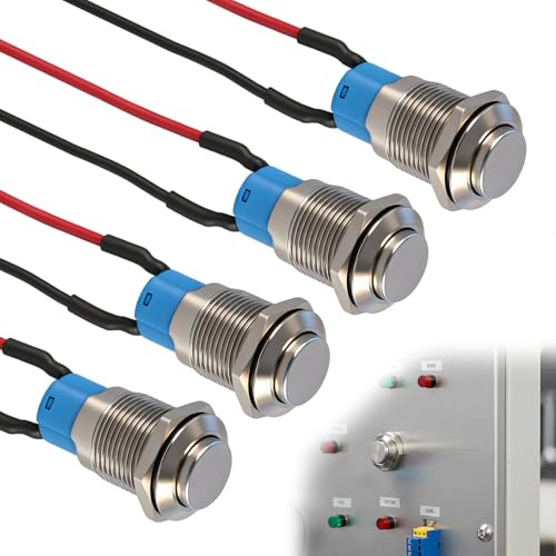 4 Piezas Precableado Pulsador a Prueba de Agua 12mm ImpeImpermeable Botón IP65, Pulsador Metálicode Metal Resistente al Agua con Cable 15cm,para Coche Moto Panel Eléctrico Timbre Barco Instrumentos