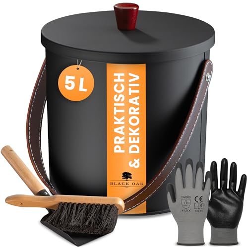 BLACK OAK Ascheeimer TOBA 5L - mit Holzknauf, Feger, Schaufel & Handschuhen | - 5L groß - schwarz Deckel - Stahl feuerfest verzinkt & pulverbeschichtet Eimer für Asche Kohle Pellets Kamin edles Design