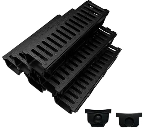 Natotela Grondaia di drenaggio HDPE 3 Metri con griglia in ghisa B125, Altezza di Scarico: 45 mm, grondaia di Scarico con 2 Tappi terminali da Giardino, passerella, Garage, Set da 14 Pezzi