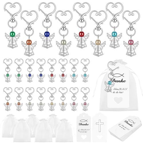 Meetory Schutzengel Anhänger - 24 Sets Kleine Gastgeschenke mit Organza Beutel Kraftpapier Schutzengel Schlüsselanhänger Geschenke Dankeschön Deko für Hochzeit Taufe Kommunion Konfirmation Geburtstag