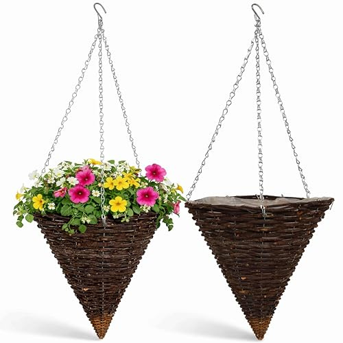 ADEPTNA Set of 2 Cone Garden Hanging Baskets 14 Inches - Natural Basket Hanging Plants Wall Flower Planter Pot with Detachable Hanging Chain for Home Garden Decoration (14 RATTAN BASKETS)