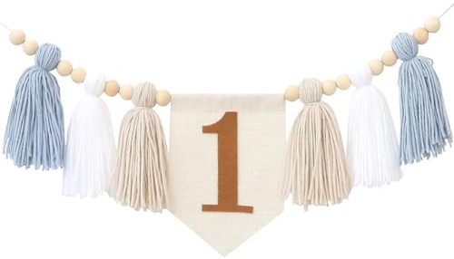 1. Geburtstags Hochstuhlbanner, Handgemachte Boho Hochstuhl Banner Wandbehänge Girlande Geburtstagsdeko 1 jahr Party Dekoration für Mädchen Jungen Babyschaum (Blau)