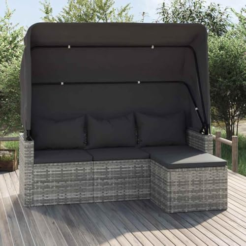 Domusverde Gartensofa 3 Sitzer, Sofa mit faltbaren Dach, Couch mit Fußhocker, Relaxsofa Dreisitzer Terrassensofa Gartenmöbel, Grau Poly Rattan