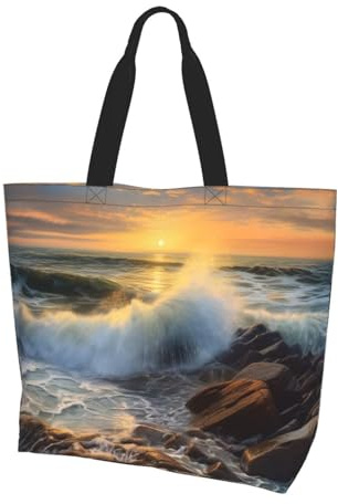 Einkaufstasche mit romantischem Stranddruck für Damen, Mädchen, groß, wiederverwendbar, wasserdicht, Einkaufstasche, Einkaufstasche und Strandtasche, Rocky Wave Sonnenuntergang Gemälde, Einheitsgröße