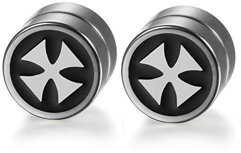 JewelryWe Herren Non-piercing Magnet Ohrstecker Ohrringe, Retro Malteser Kreuz Fake-Plugs Fake-Piercing Tunnel Ohne Loch Magnetisch Ohr-Clips Geschenke für Männer, Schwarz Silber