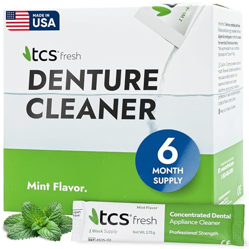 TCS Fresh Denture Cleaner – Professional Strength Concentrated Cleanser Mint Powder for Dental Cleaning – For Dentures, Night Guards, Aligners & Retainer Cleaner – 24 Packets (6 Month Supply)