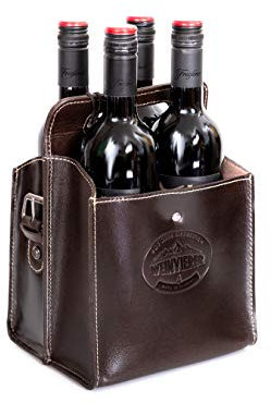 Alpenleder Flaschenträger - Modell: WEINVIERER (Handgefertigt) - Nachhaltiges Bio-Leder aus regionaler Landwirtschaft | Flaschenträger 4 Flaschen *Fair Produziert* (26x18x17cm, Chocolate)
