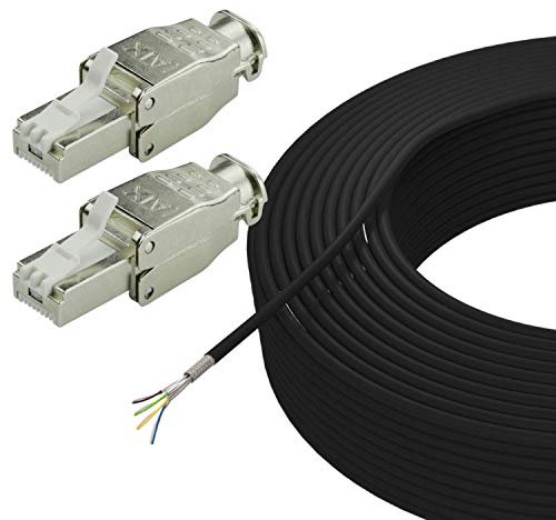 AIXONTEC 50 m Cat.7 Erdkabel Set mit 2 RJ45 Stecker geschirmt LAN Ethernet Netzwerk Kabel AWG 23/1 UV-Beständig Outdoor für Außenbereich und in die Erde – Werkzeugfrei – Selbstmontage