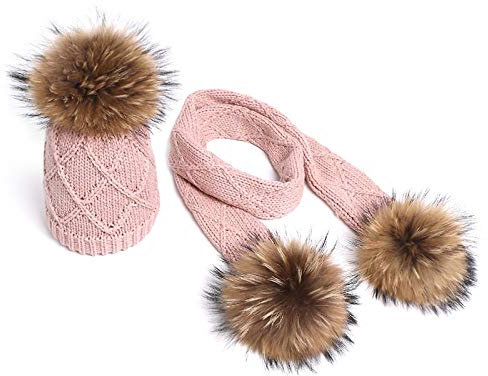 Mütze Beanie Hut Kappe Cap Wintermütze Cap Schal Sets Natur Pom Pom Girl Boy Gestrickte Mützen Skullies Hüte Echter Pompon 56-62Cm Pink-Sets