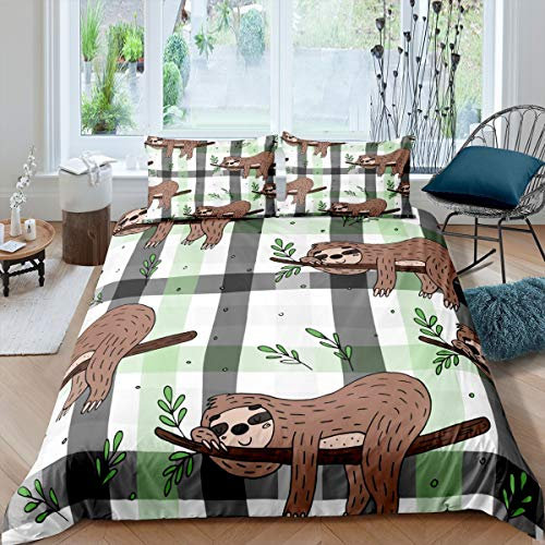 Tbrand Faultier Bettbezug Set Nettes Tiermuster Bettwäsche Set 155x220cm für Kinder Karikatur Faultier ÄsteBetten Set Geometrisch Buffalo Check 2St, Reißverschluss