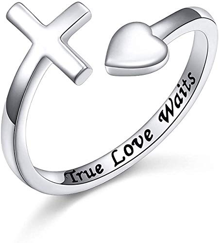 Shineyou Personalisierter Glaubensring aus 925er-Sterlingsilber für Damen, verstellbarer Herz-Kreuz-Ring, stapelbar, christlich-religiöser Ring in Silber