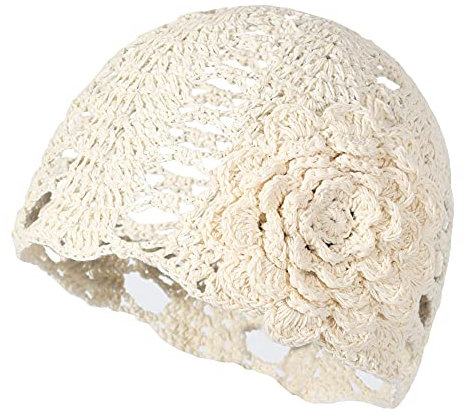 ZLYC Damen Mädchen Mütze Handgemachte Sommermütze Strickmütze, Beige Blume., One Size