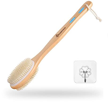 Hanstock Back Scrubber, 43cm Long Wooden Double-Sided Shower Body Brush with Soft and Stiff Bristles for Exfoliating Skin