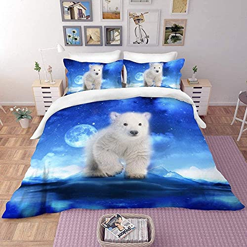 QIANJJ 3D Duvet Cover Bedding Bettwäsche Set Sternmond Gletschertier Eisbär Einzeln (135x200 cm), 2er Set 1 Stück Bettbezug + 1 Stück passender Kissenbezug