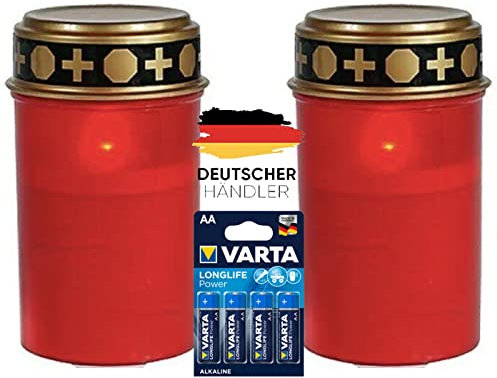NECESITAS LED-Grablicht Ewiges Licht Grabkerze 2er Set mit Varta Alkaline Flackereffekt wie bei einer echten Kerze Rot