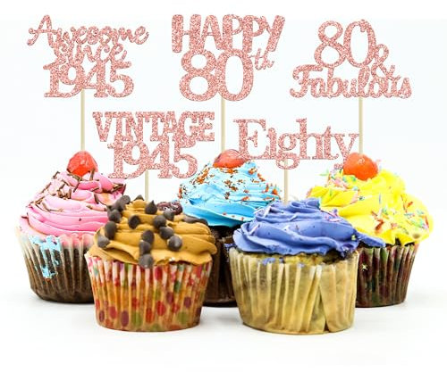 Gyufise 30Pcs Rose Gold Vintage 1945 Cupcake Toppers 80th Birthday Cupcake Toppers Awesome Since 1945 Hello 80 Cake Topper Seventy 80 & fabulous Cupcake Picks 80th Birthday Cake Decorations Supplies