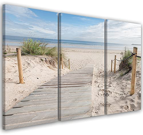 Feeby 3-teilig Leinwandbild XXL 120x80 cm Wandbild Kunst Bilder Schlafzimmer Deko Wohnzimmer Beige