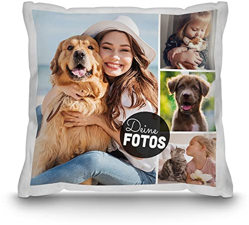 PR Print Royal Kissen mit Fotocollage selbst gestalten - mit 4 Fotos Personalisieren - Geschenk für Familie und Freunde | Weiss Polyester, inkl. Kissenfüllung, 40x40cm